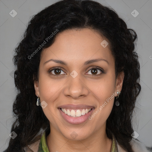 Joyful latino young-adult female with medium  brown hair and brown eyes