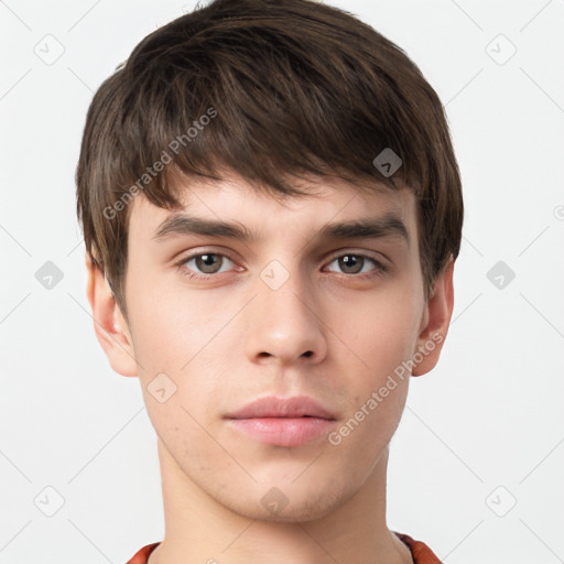 Neutral white young-adult male with short  brown hair and brown eyes