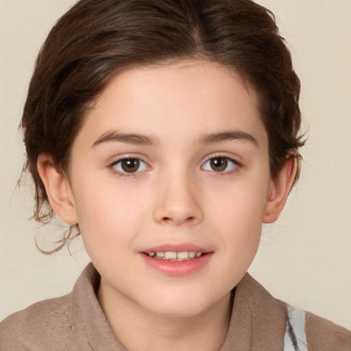 Joyful white child female with medium  brown hair and brown eyes