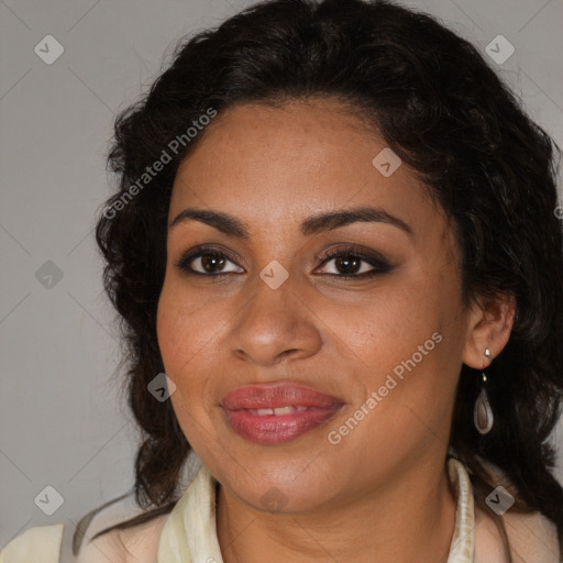 Joyful black adult female with medium  brown hair and brown eyes