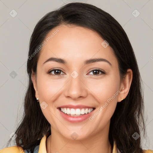 Joyful white young-adult female with long  brown hair and brown eyes