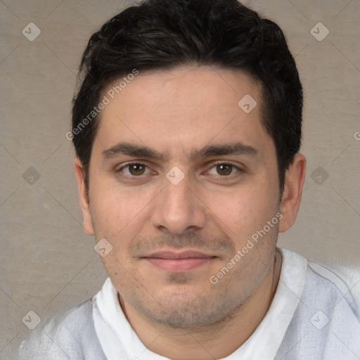 Joyful white young-adult male with short  black hair and brown eyes