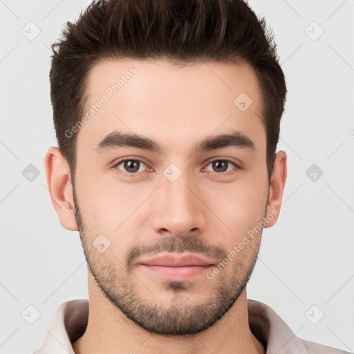 Neutral white young-adult male with short  brown hair and brown eyes