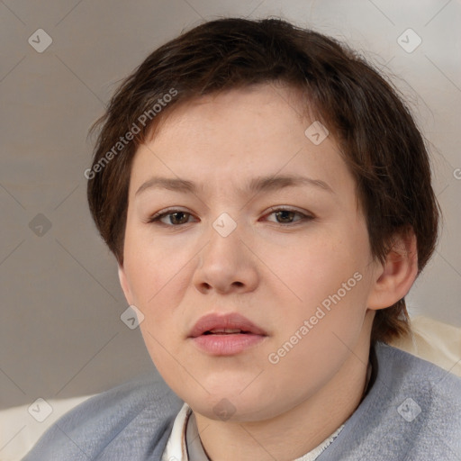 Neutral white young-adult female with short  brown hair and brown eyes