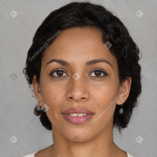 Joyful latino young-adult female with medium  black hair and brown eyes