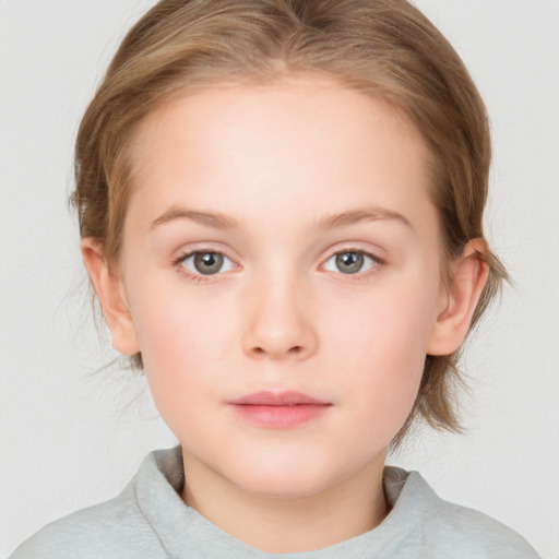 Neutral white child female with medium  brown hair and blue eyes