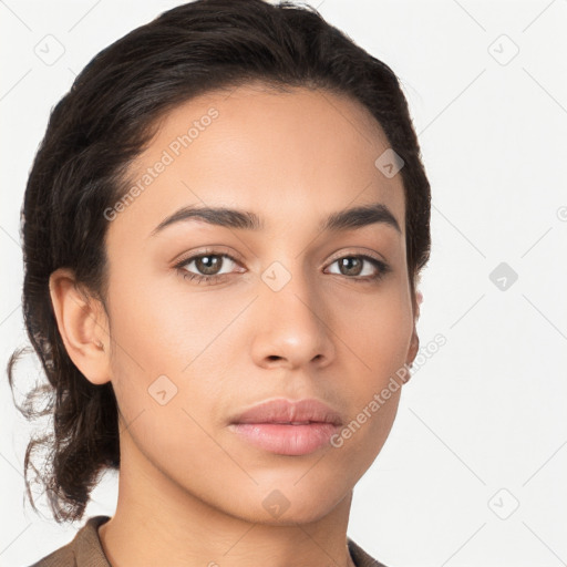 Neutral white young-adult female with short  brown hair and brown eyes