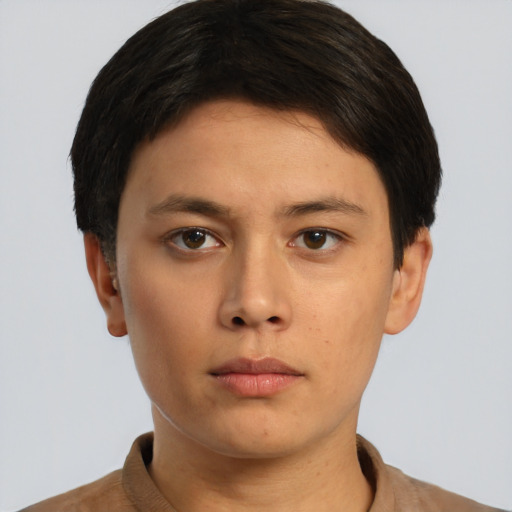 Neutral asian young-adult female with short  brown hair and brown eyes