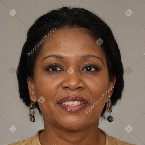 Joyful black adult female with long  brown hair and brown eyes