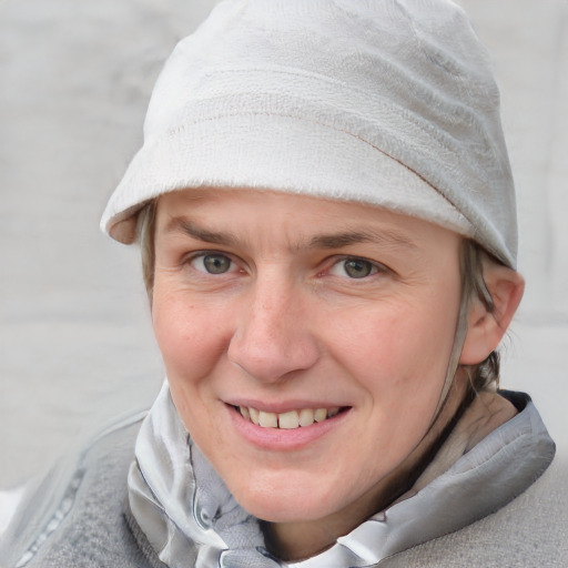 Joyful white young-adult female with short  brown hair and blue eyes