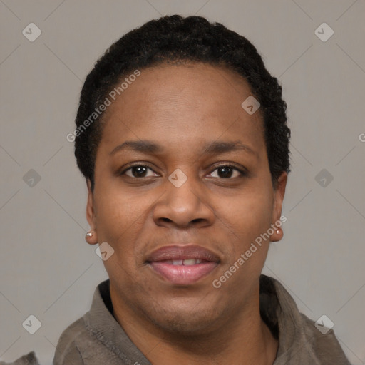 Joyful black adult female with short  black hair and brown eyes