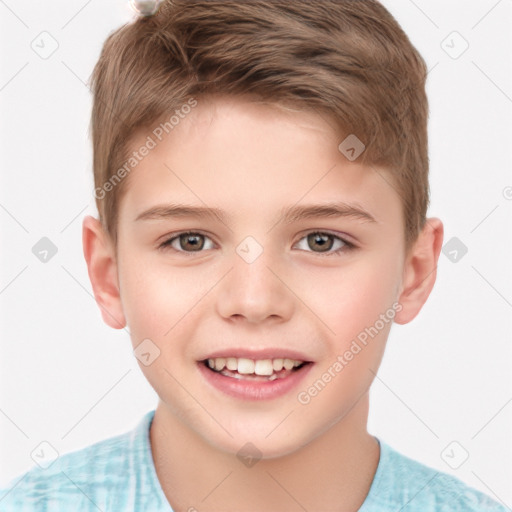 Joyful white child male with short  brown hair and brown eyes