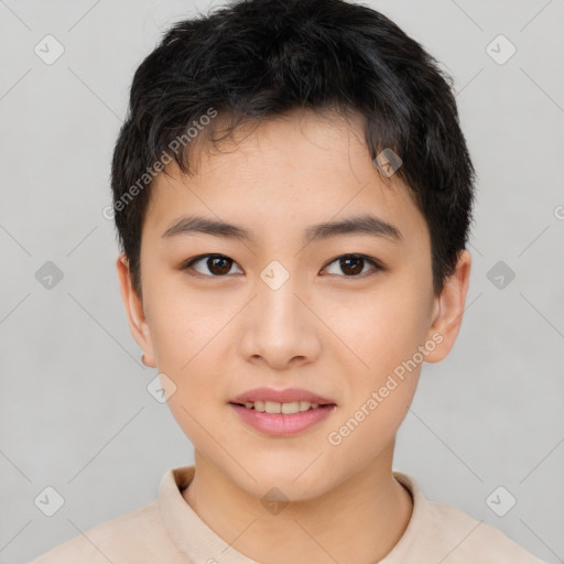 Joyful asian young-adult female with short  black hair and brown eyes