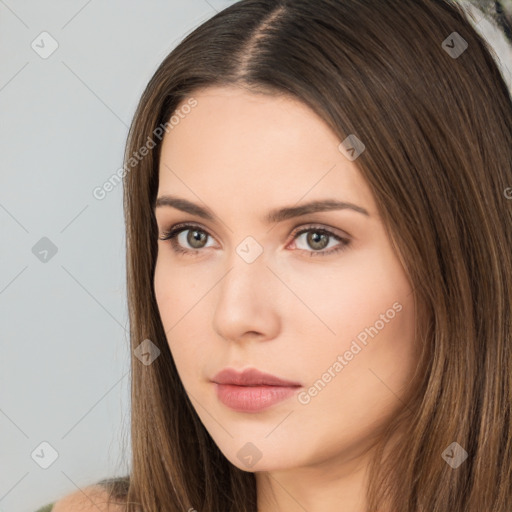 Neutral white young-adult female with long  brown hair and brown eyes