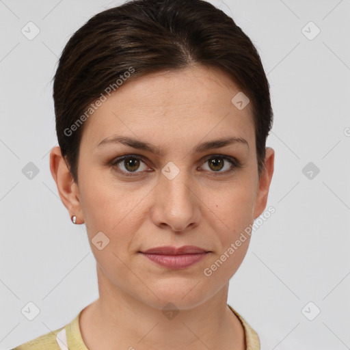 Joyful white young-adult female with short  brown hair and grey eyes