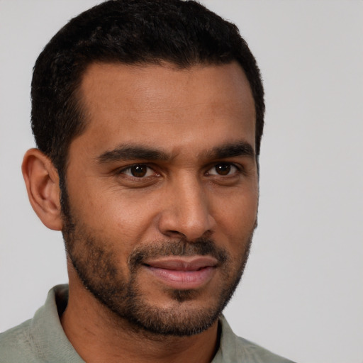 Neutral black young-adult male with short  black hair and brown eyes