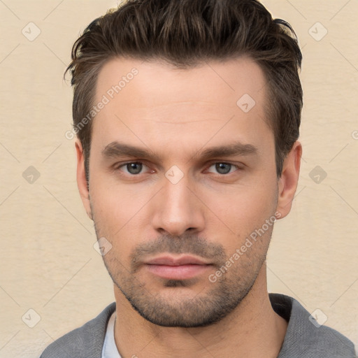 Neutral white young-adult male with short  brown hair and brown eyes