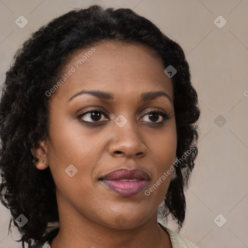 Joyful black young-adult female with medium  brown hair and brown eyes