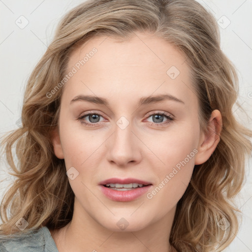 Joyful white young-adult female with medium  brown hair and blue eyes