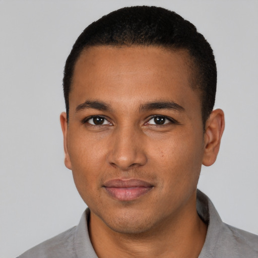 Neutral black young-adult male with short  black hair and brown eyes