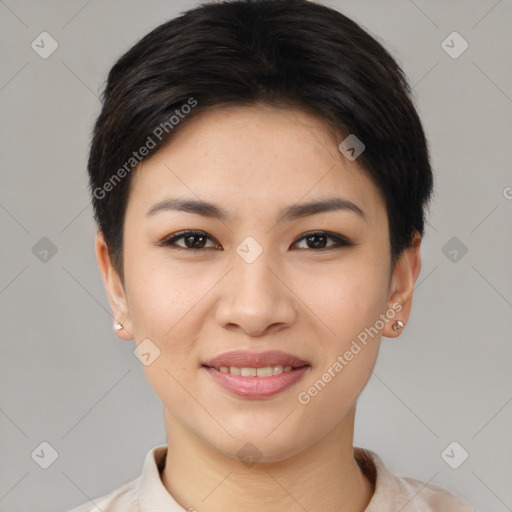 Joyful asian young-adult female with short  brown hair and brown eyes