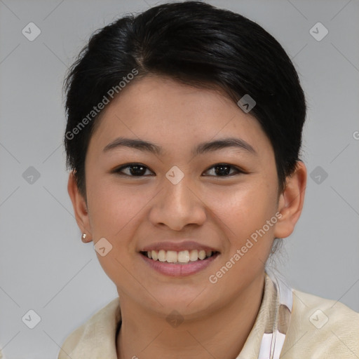 Joyful asian young-adult female with short  brown hair and brown eyes