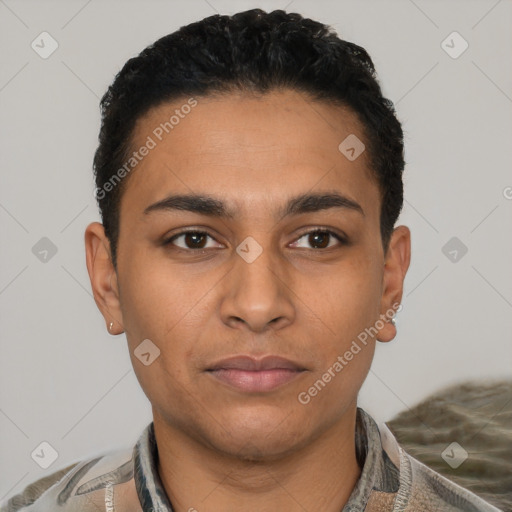 Neutral latino young-adult male with short  black hair and brown eyes