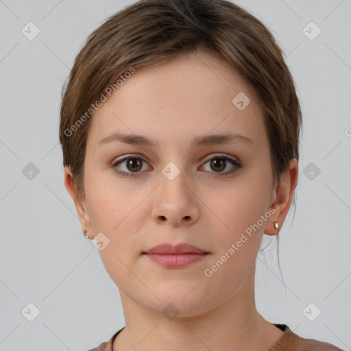 Neutral white young-adult female with short  brown hair and brown eyes