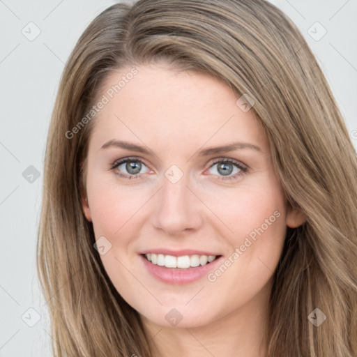 Joyful white young-adult female with long  brown hair and grey eyes