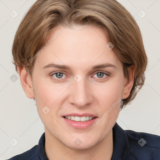 Joyful white young-adult female with short  brown hair and grey eyes