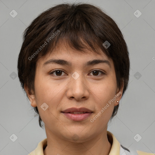 Joyful white young-adult female with medium  brown hair and brown eyes