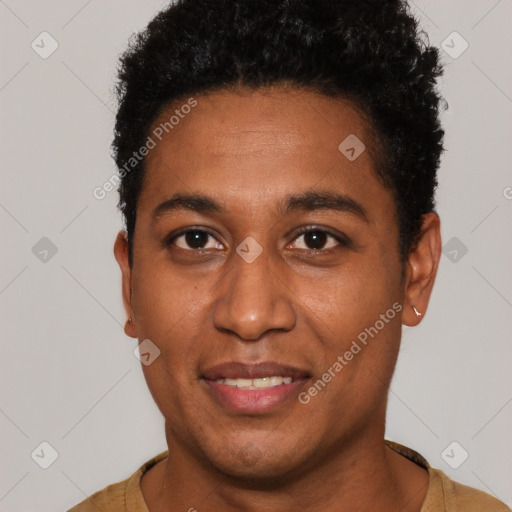 Joyful black young-adult male with short  black hair and brown eyes