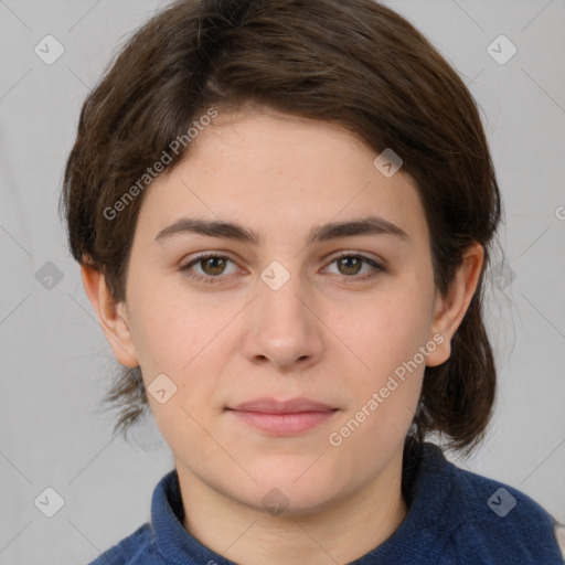 Neutral white young-adult female with medium  brown hair and brown eyes