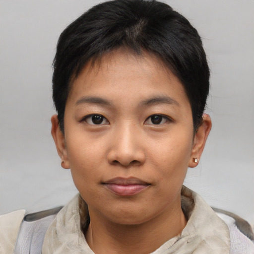 Neutral asian young-adult female with short  brown hair and brown eyes
