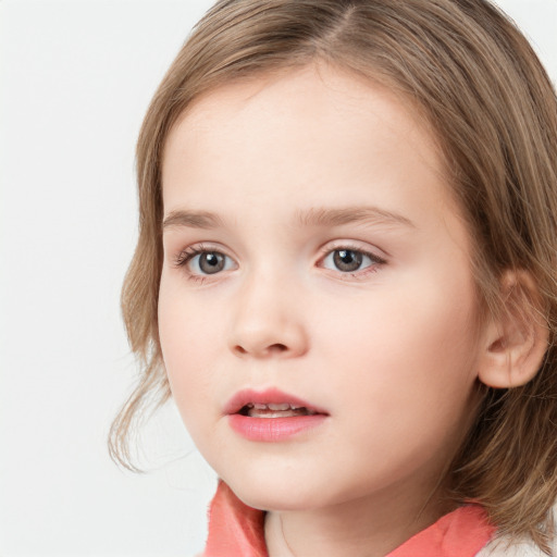 Neutral white child female with medium  brown hair and blue eyes