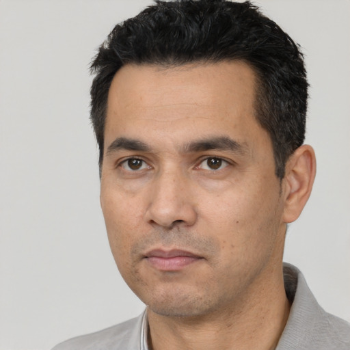 Neutral asian adult male with short  black hair and brown eyes