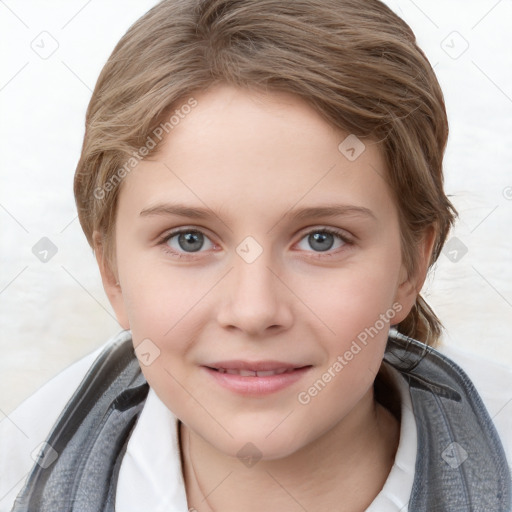 Joyful white child female with short  brown hair and blue eyes