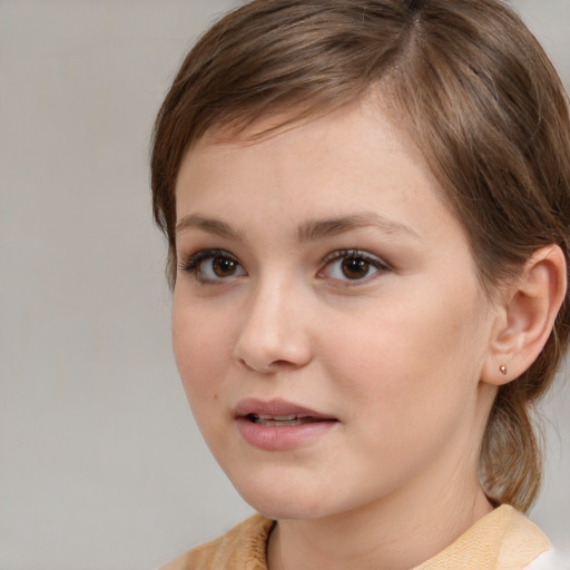 Neutral white young-adult female with medium  brown hair and brown eyes