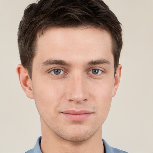 Neutral white young-adult male with short  brown hair and brown eyes