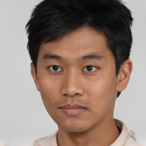 Neutral asian young-adult male with short  black hair and brown eyes