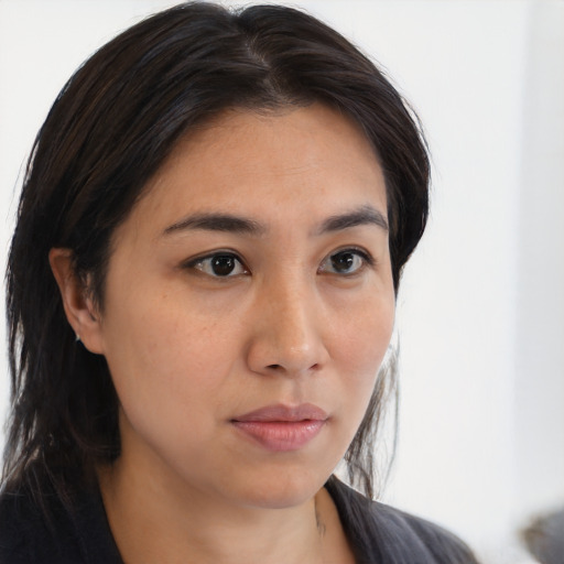 Neutral asian young-adult female with medium  brown hair and brown eyes