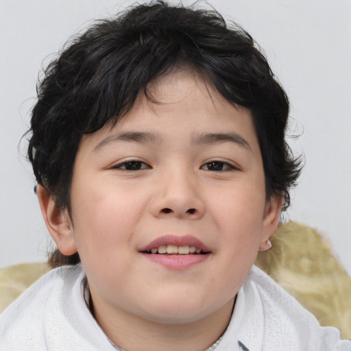 Joyful asian child female with medium  brown hair and brown eyes