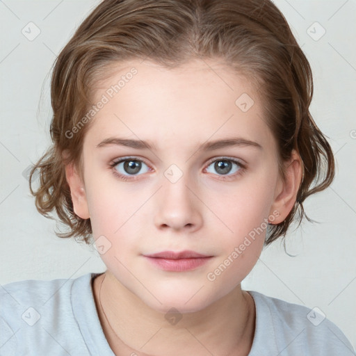 Neutral white child female with medium  brown hair and blue eyes