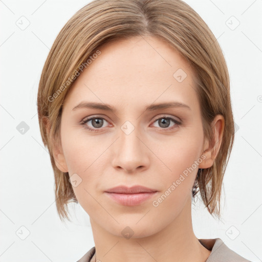 Neutral white young-adult female with medium  brown hair and grey eyes