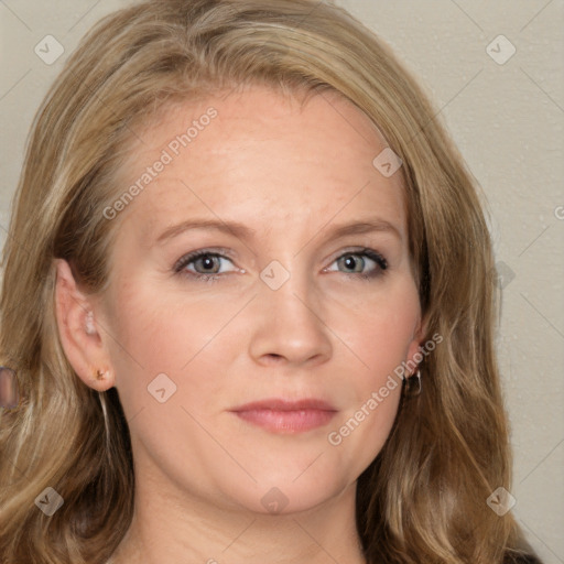 Joyful white adult female with long  brown hair and blue eyes