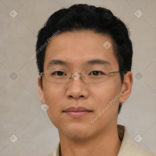 Neutral asian young-adult male with short  black hair and brown eyes