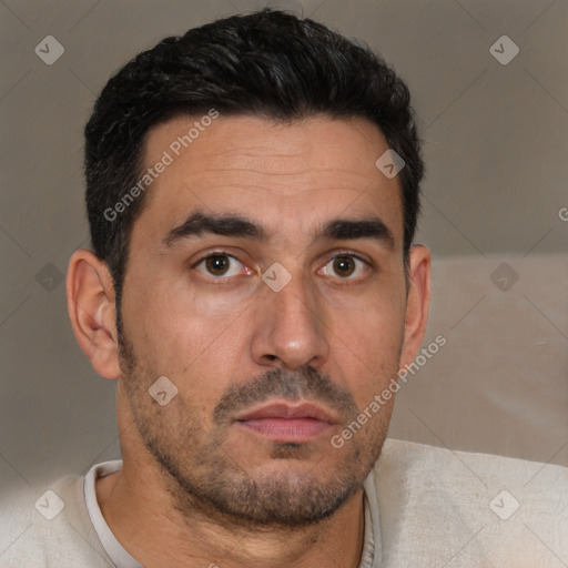 Neutral white adult male with short  black hair and brown eyes