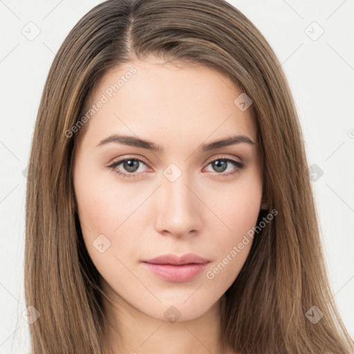 Neutral white young-adult female with long  brown hair and brown eyes