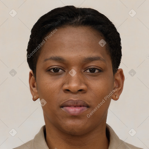 Neutral black young-adult female with short  brown hair and brown eyes