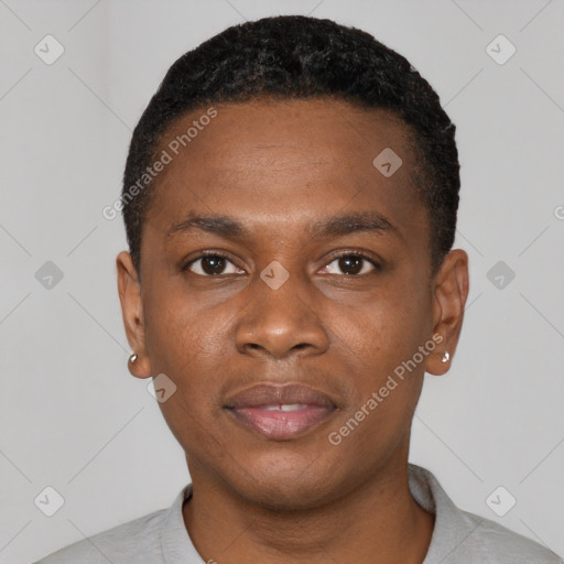 Neutral black young-adult male with short  black hair and brown eyes